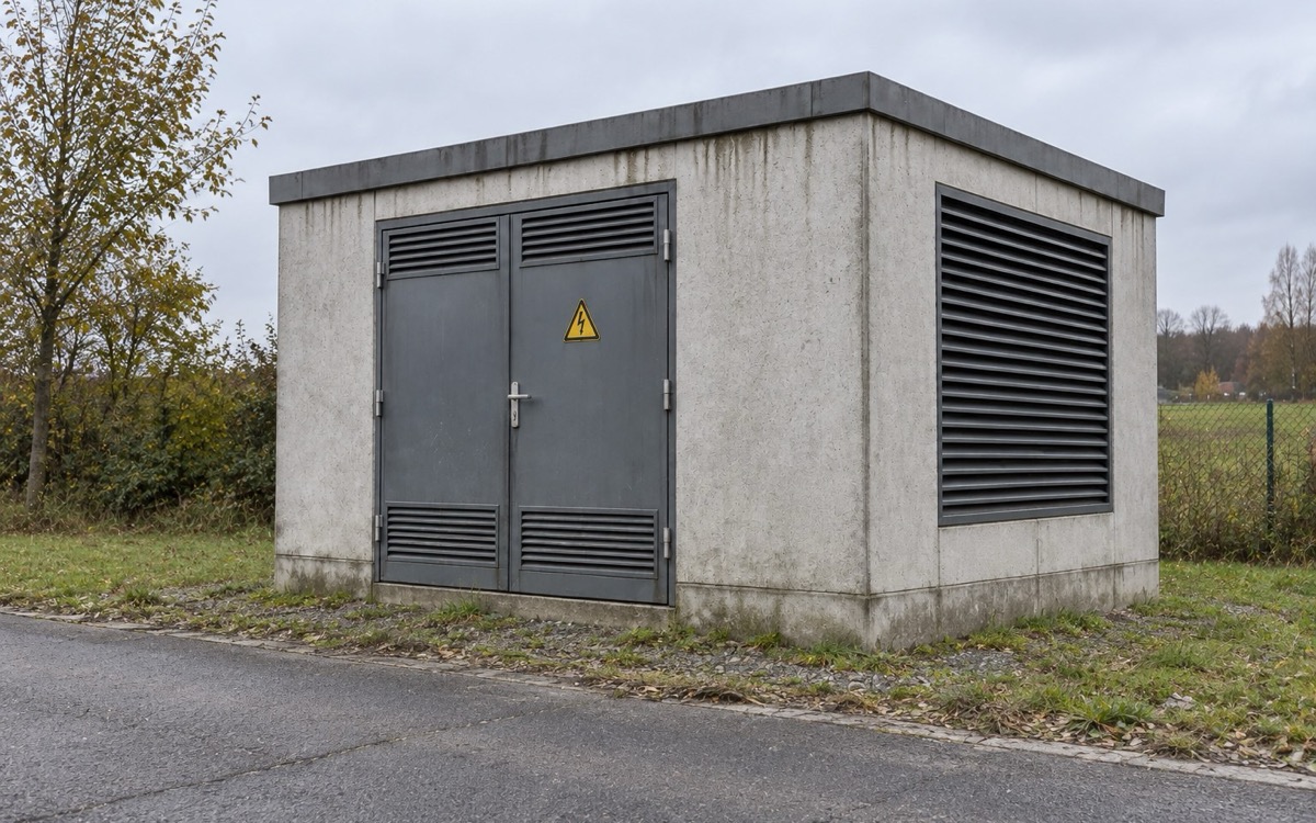 Trafostation aus Beton mit Lüftungsgittern und Hochspannungswarnzeichen